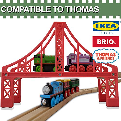 FLASH SALE | Double Suspension Bridge - Deluxe Wooden Toy Accessories For Kids Toddler Boys Girls - Compatible with Thomas Trains Railway, Brio Tracks, and Major Brands. 2x Red Bridges