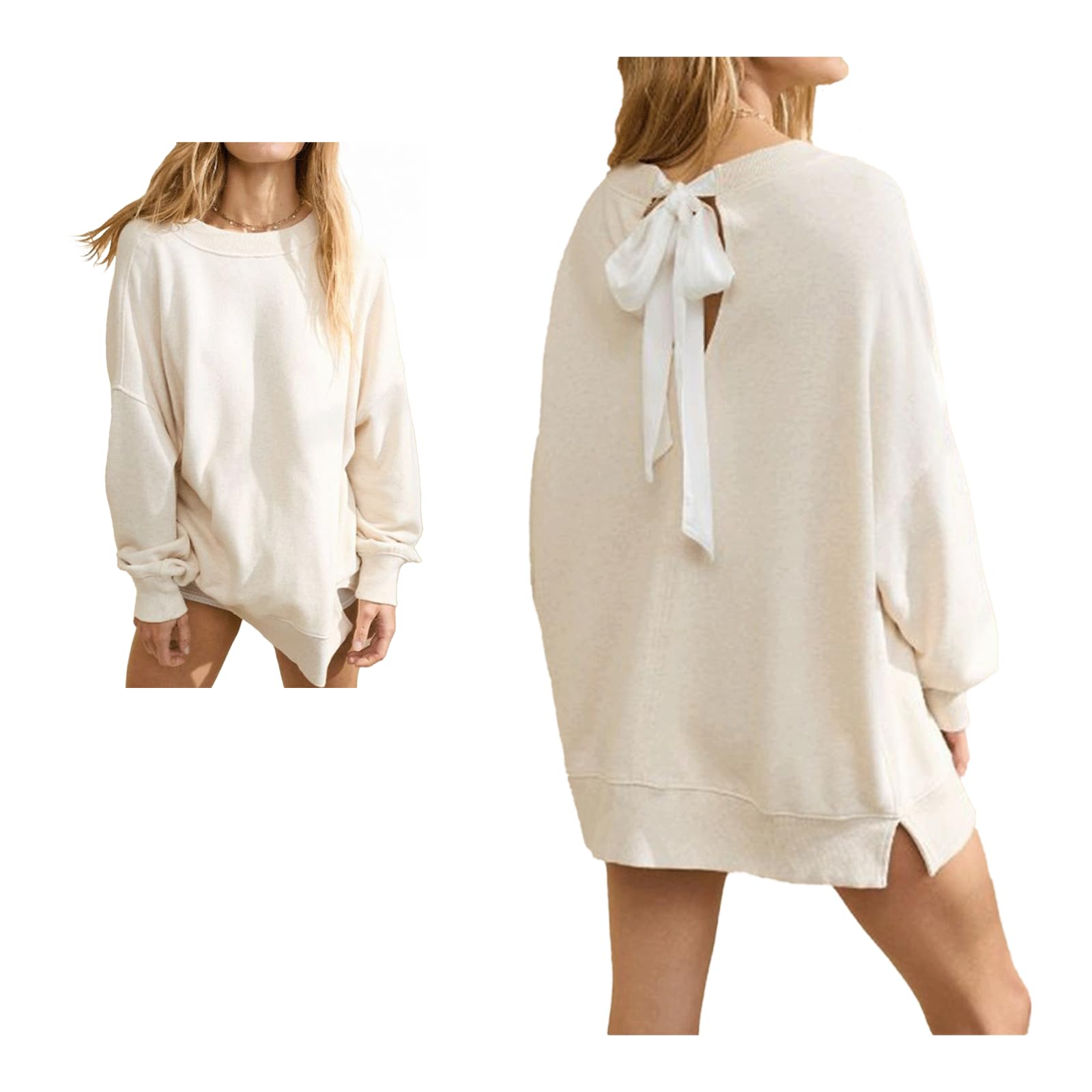 Photo 1 of Bow Sweatshirt Women Oversized Loose Knit Sweatershirt with Back Bow Tie Casual Women’s Pullover Long Sleeve Top White