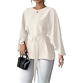 LALAGEN Womens Blouses Women French Style Round Neck Flutter Sleeve Self-Tie Waist Shiny Blouse, Christmas Tops