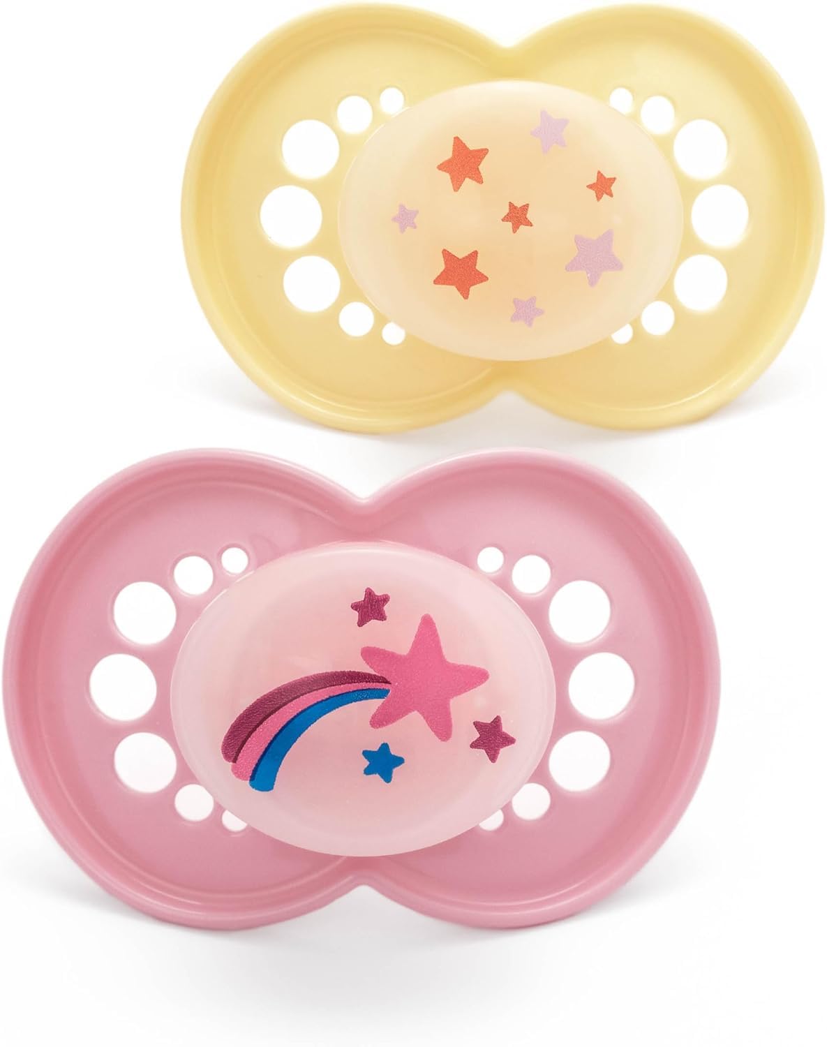 MAM Original Night Soothers | 18-36 Months | 2 Pack | Glow in The Dark Dummies | Comes in Dummy Steriliser Case | Sustainable Materials | Baby Accessories | Pink (Various Designs)