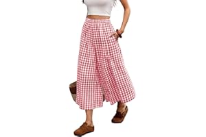ELLEVEN Women’s Cotton Linen Gingham Pants, Elastic Waist Flowy Wide Leg Plaid Capris Palazzo Trousers