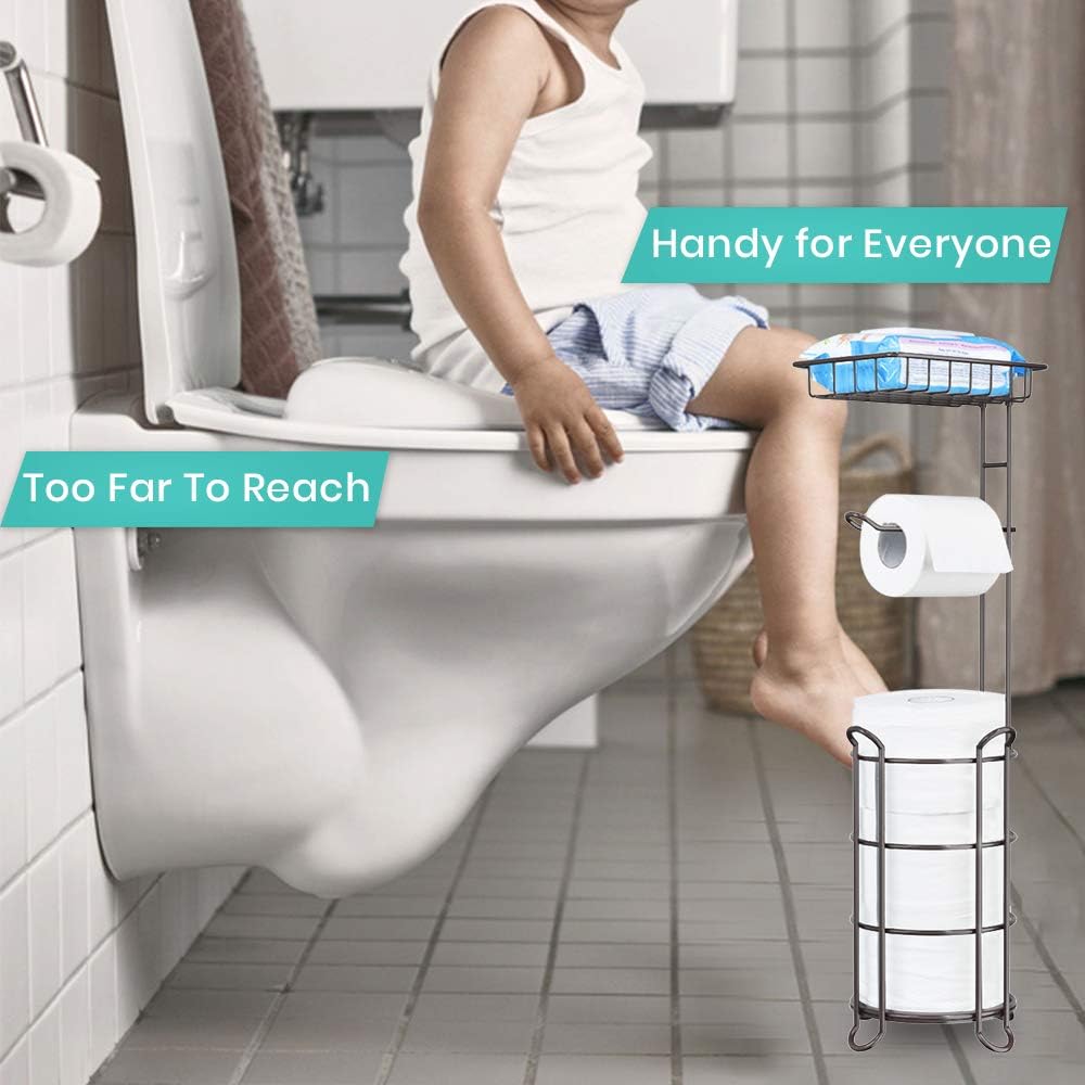 [Upgrade] Toilet Paper Holder Stand Bathroom Tissue Holders Free Standing with Top Shelf Storage Mega Rolls/Phone/Wipe-Bronze: Home & Kitchen