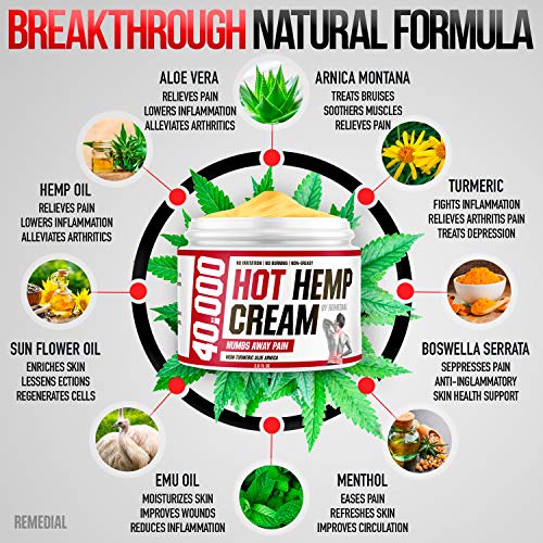 Hot Hemp Cream - 40000MG - Arthritis, Carpal Tunnel, Inflammation, Back, Foot, Nerve, Joint, Muscle, Neck Pain, Natural Stress Relief - MSM, Turmeric, Aloe, Arnica - Warming Topical Salve - Thumbnail 2
