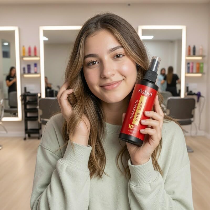 Spray Tratamento Capilar Asbel Uso Day 10 Benefícios 200ml – Protetor Térmico, Brilho e Selamento de Cutículas – Com Óleo de Coco e Vinagre de Maçã