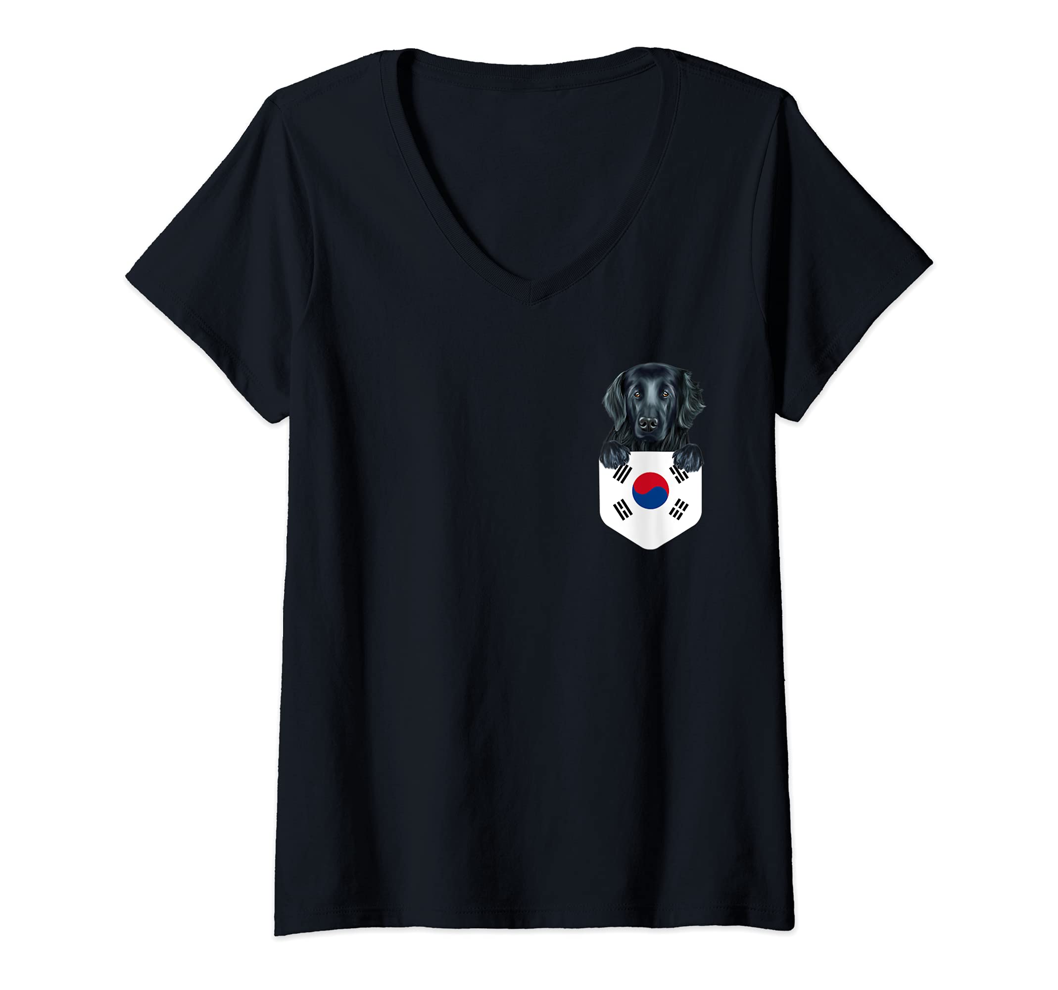Womens South Korea Flag Flat-Coated Retriever Dog In Pocket V-Neck T-Shirt