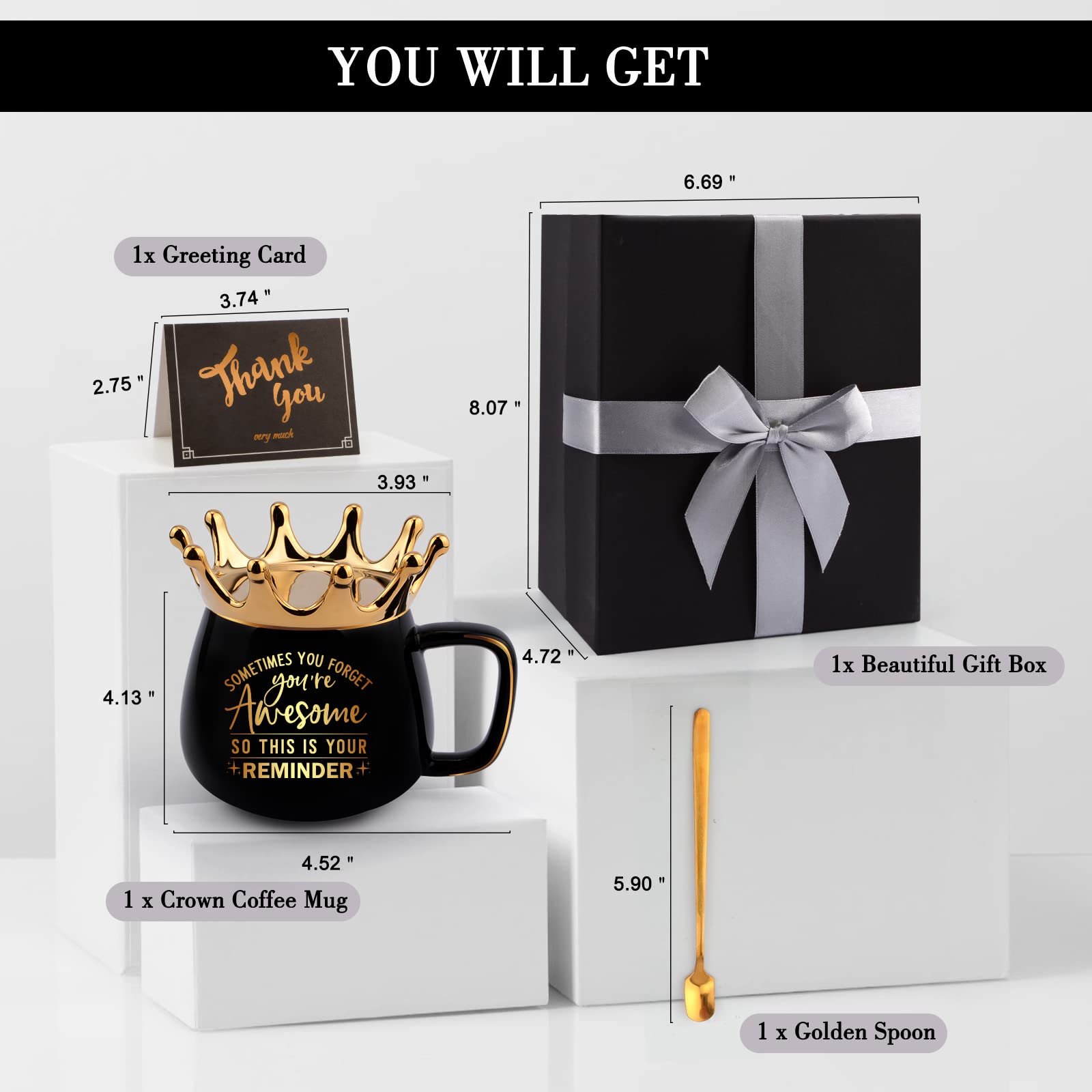 Thank You Gifts for Women-Sometimes You Forget Your Awesome-Funny Crown Coffee Mugs with Card for Graduation, Thank You Employee Appreciation Gifts for Boss Coworker Teacher(Black)