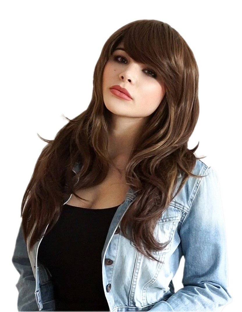 Prettyland - C314 Long Brunette Brown Hair Wig with Hightlights Slight Cury Wave
