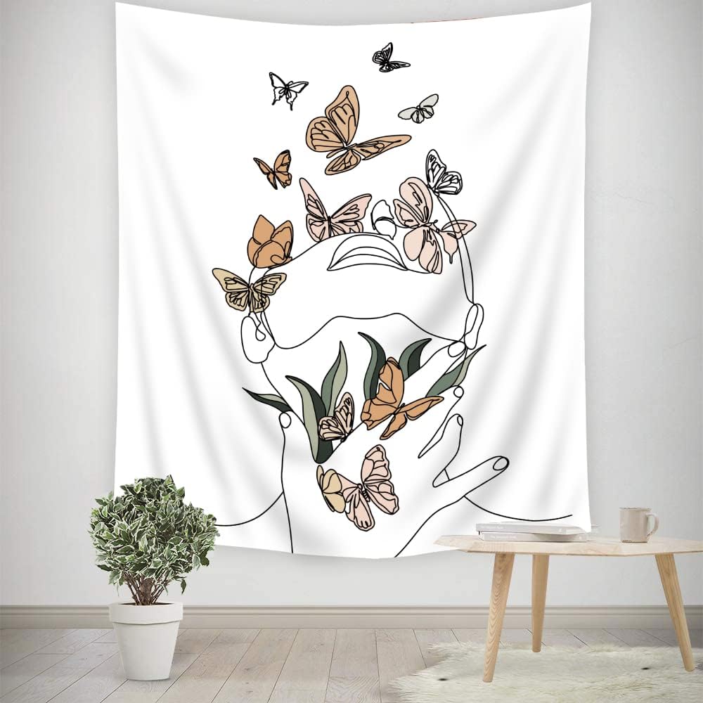 Tapestries - SVBright Simple Woman Flower with Colorful Butterfly White Tapestry for Bedroom 51Wx59H Inch Art Line Aesthetic Abstract Modern Minimalist Abstract Wall Fabric Hanging for Living Room Poster Decor