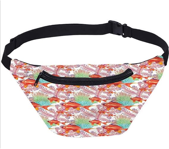 Fish Fanny Pack,Colorful Corals Exotic Fishes Waist Bag for Raves and