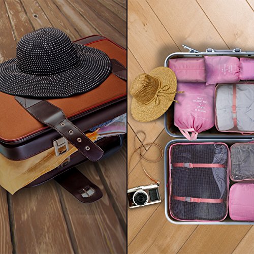 8 Set Packing Cubes - Compression Travel Storage Luggage Organizer Bags for Women Travel Suitcase with Shoes Bag (PInk)
