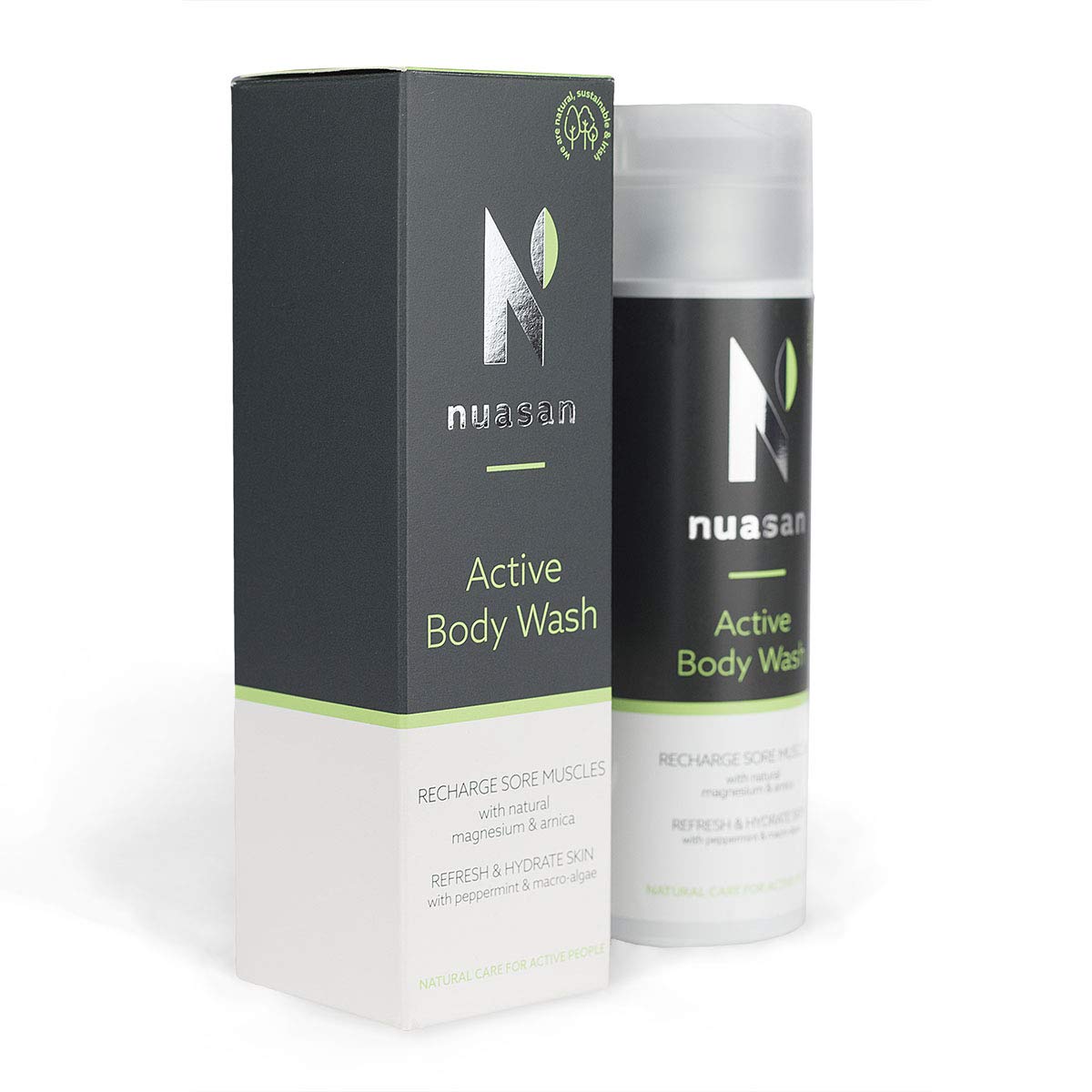 Nuasan Active Natural Body Wash - Body Wash for Men and Women - Enriched with Arnica and Magnesium for Sore and Tired Muscles - Vegan, Cruelty - free