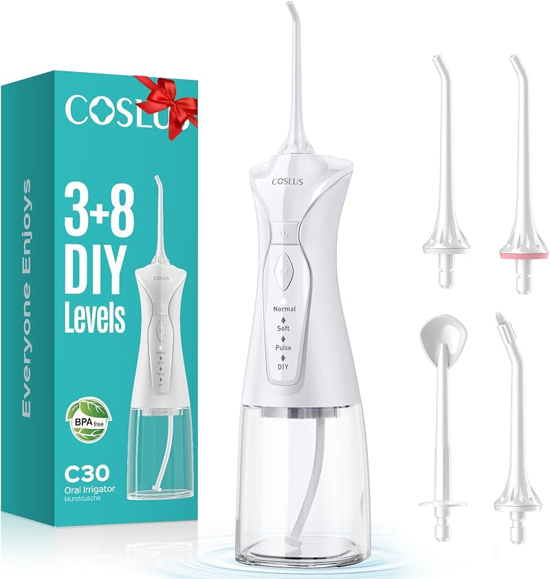 COSLUS Water Teeth Flosser Picks 4 Modes 300ml Cordless IPX7 Portable