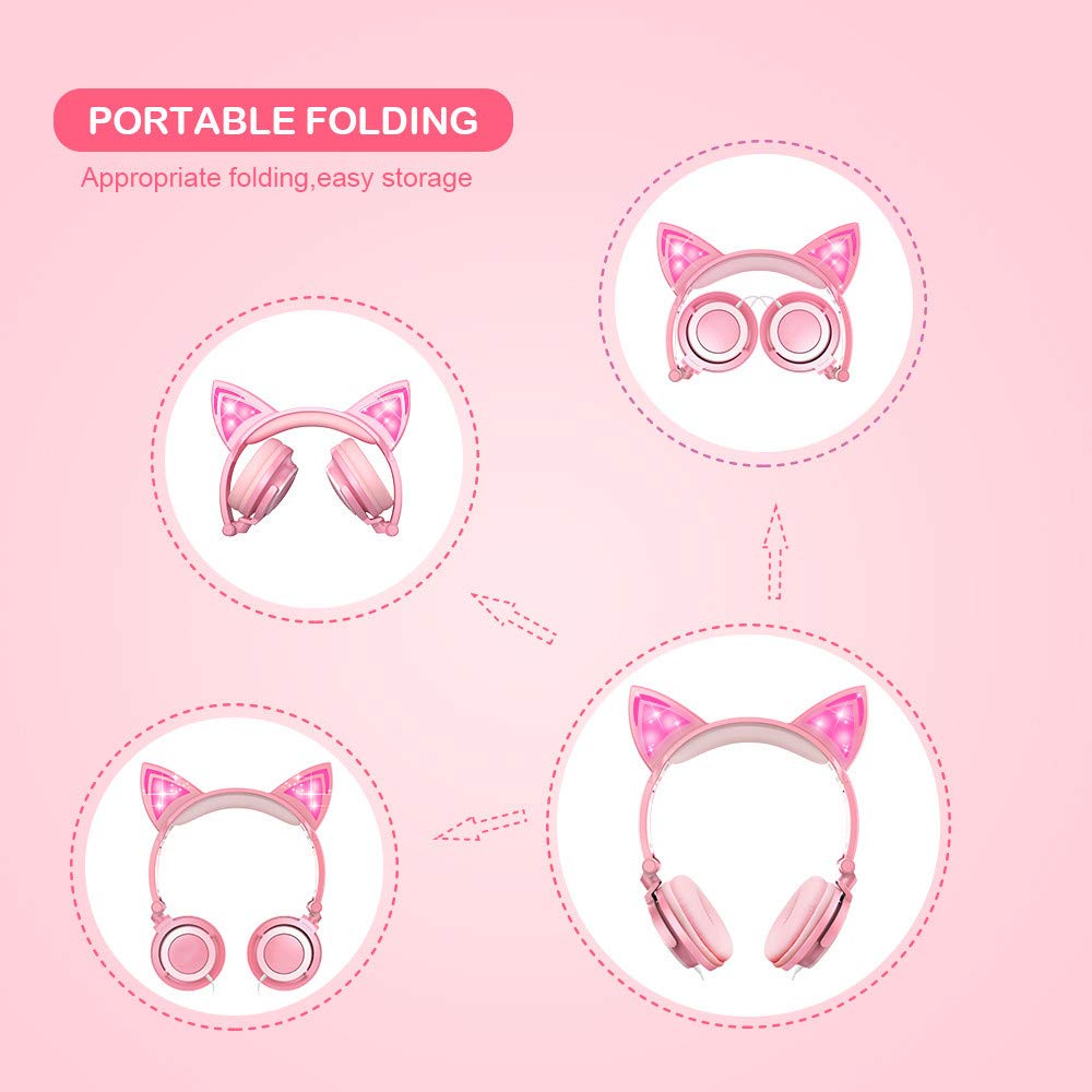 Cuffie per Bambini, Orecchio sopra con orecchie di gatto incandescente a LED, Cat Ear Headphone Cablate, 85dB Volume, Kids Cuffie ispirate al gatto per ragazze (Rosa)