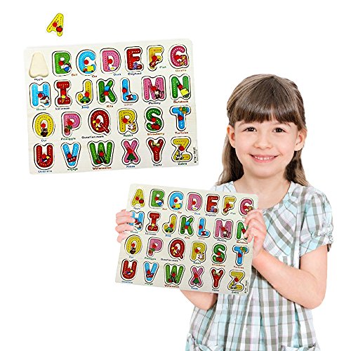 Toy Cubby Wooden Pegged Alphabet Puzzle Board Kids Toddler Set with Picture