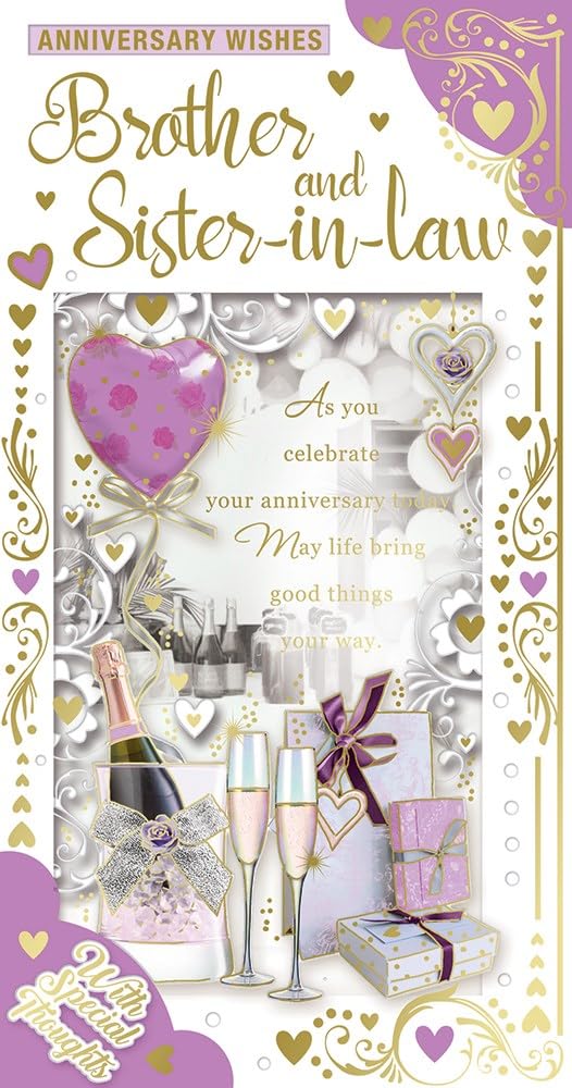 Brother & Sister-in-Law Anniversary Card - Champagne & Glasses Gold Foil 9x4.75