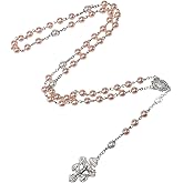 Catholic Pink Pearl Beads Rosary Necklace for Women,Rosaries Catholic Pardon Crucifix La Cruz Del Perdon Catolica,Crucifijo Del Perdon Rosarios Catolicos Para Mujer,Baptism Rosary Gift for Women