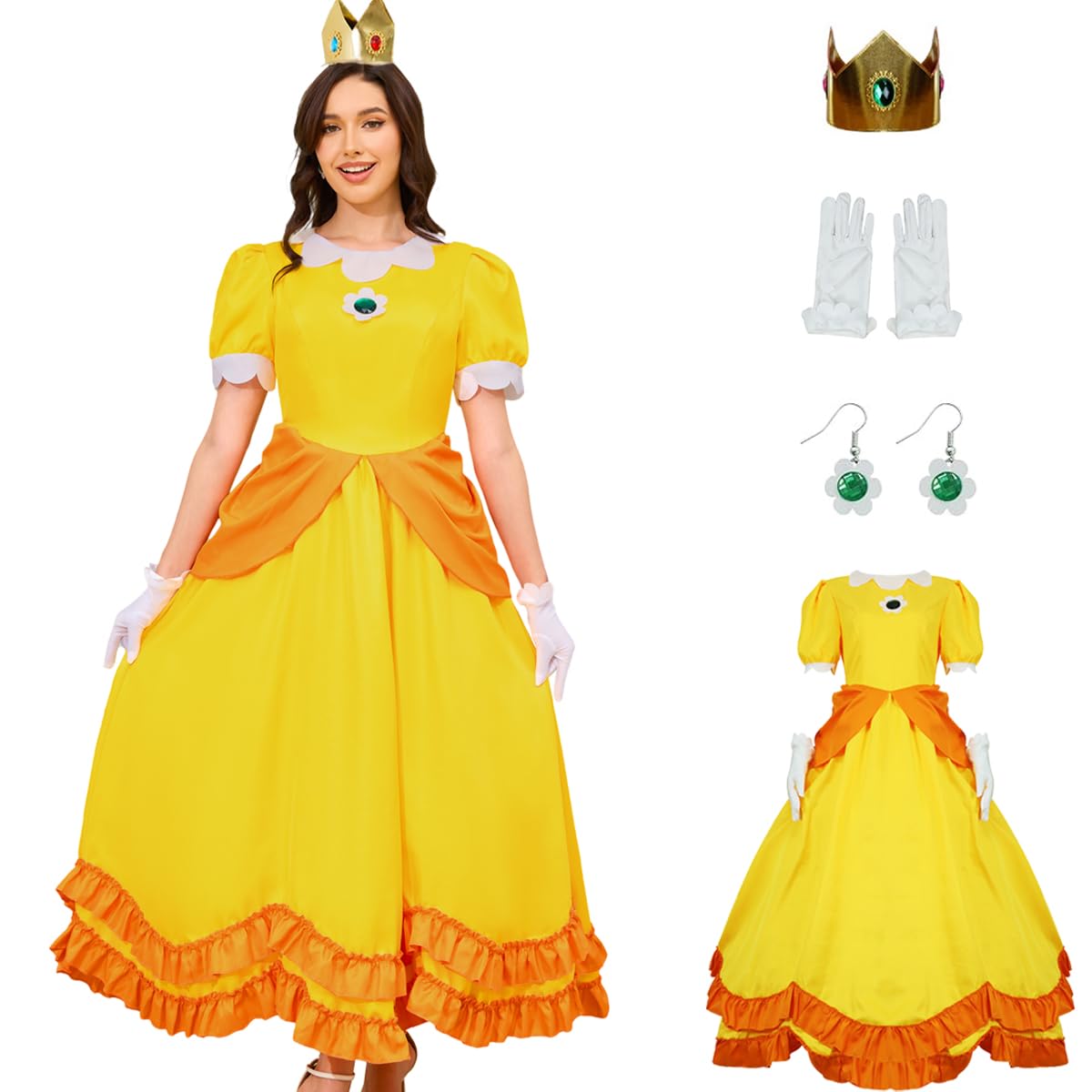 Photo 1 of PAINEOMN Princess Dress for Women Halloween Princess Cosplay Costume Crown Earrings Gloves Full Set Adult Fancy Dress Suit S