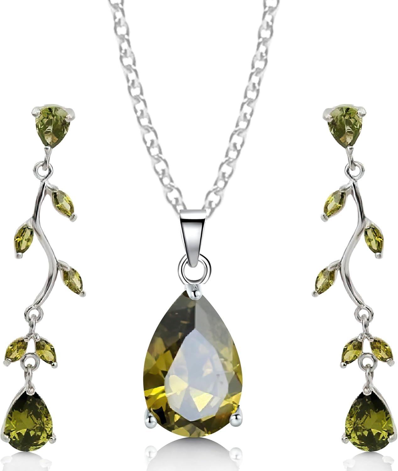 Crystalline Azuria Women 18ct White Gold Plated Teardrops Green Zirconia Crystals Set Necklace 17.7 inches Dangle Earrings