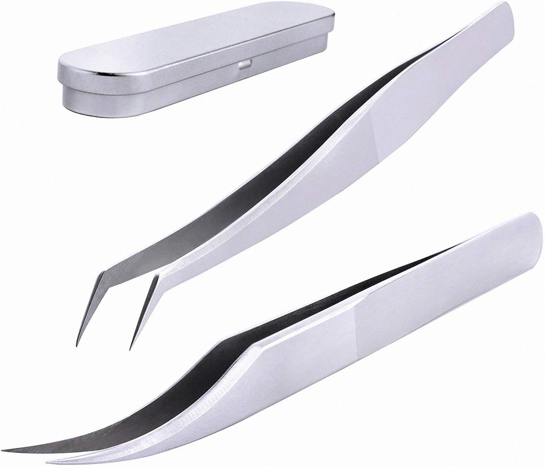 FAMILIFE Volume Lash Tweezers Set Eyelash Extension Curved Tweezers for Pick up and Isolation Create Fan in Lashing Application with Storage Case