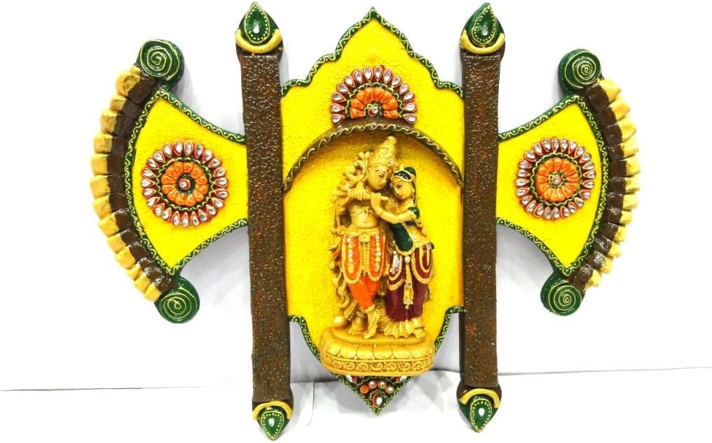 Crafticia Wooden Paper Mache Lord Radha Krishna On Fan Double Pankhi As Decorative Wall Hanging (48X8X38 cm, Yellow)