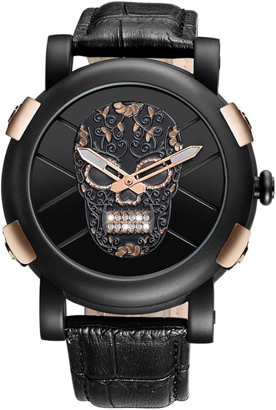 JewelryWe Montre à Quartz Analogique Avec Tête De Mort Pour Homme - Style Punk - En Cuir - Pour Halloween Et Noël, Brun, Taille Unique, Punk Vintage