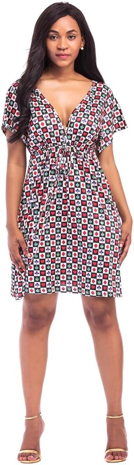 Summer Womens Casual Sleeveless Beach Dress Ladies Sexy V Neck Halter Backless Mini Kimono Dresses Beach Bikini Cover Up Caftan Tunic Top Drawstring Sundress for Party Cocktail Holiday Going Out Wear