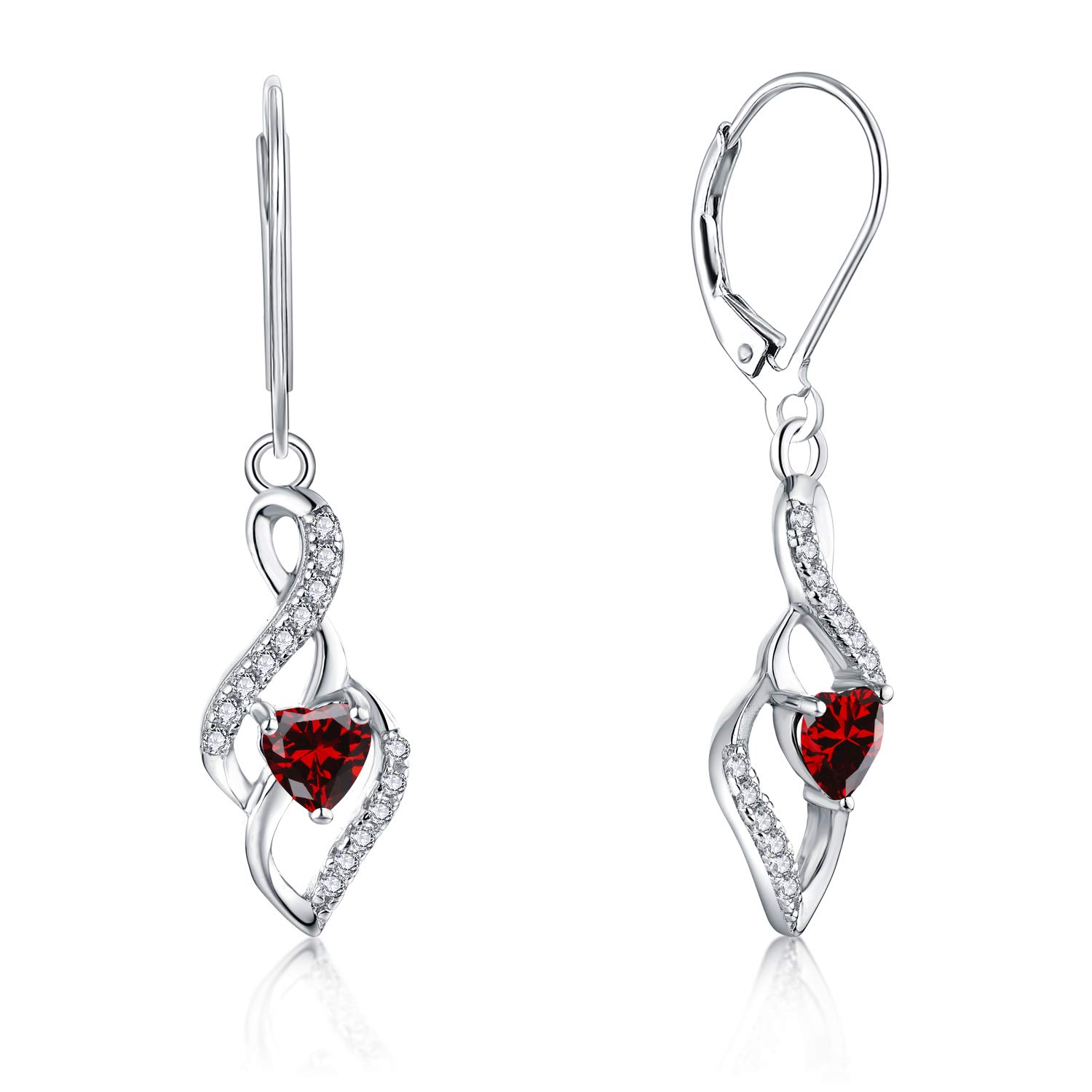 JO WISDOM Women Earrings,925 Sterling Silver Infinity Leverback Dangle & Drop Earrings with 3A 4 * 4mm Heart-cut Cubic Zirconia January Birthstone Garnet Color