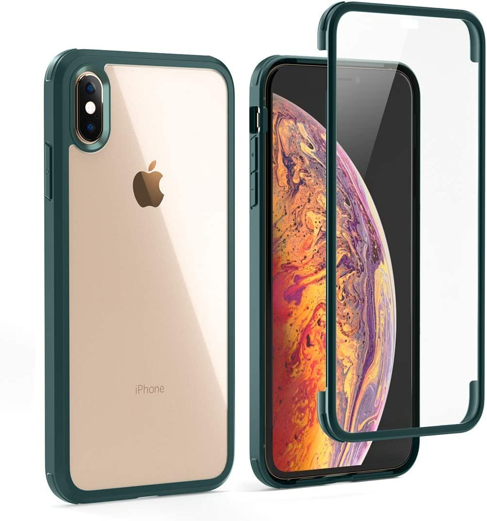 Leedia 360° Full Body Case Compatible with iPhone XS Max, Built-in Glass Screen Protector, Transparent Clear Case with Green Tint, Wireless Charging Compatible