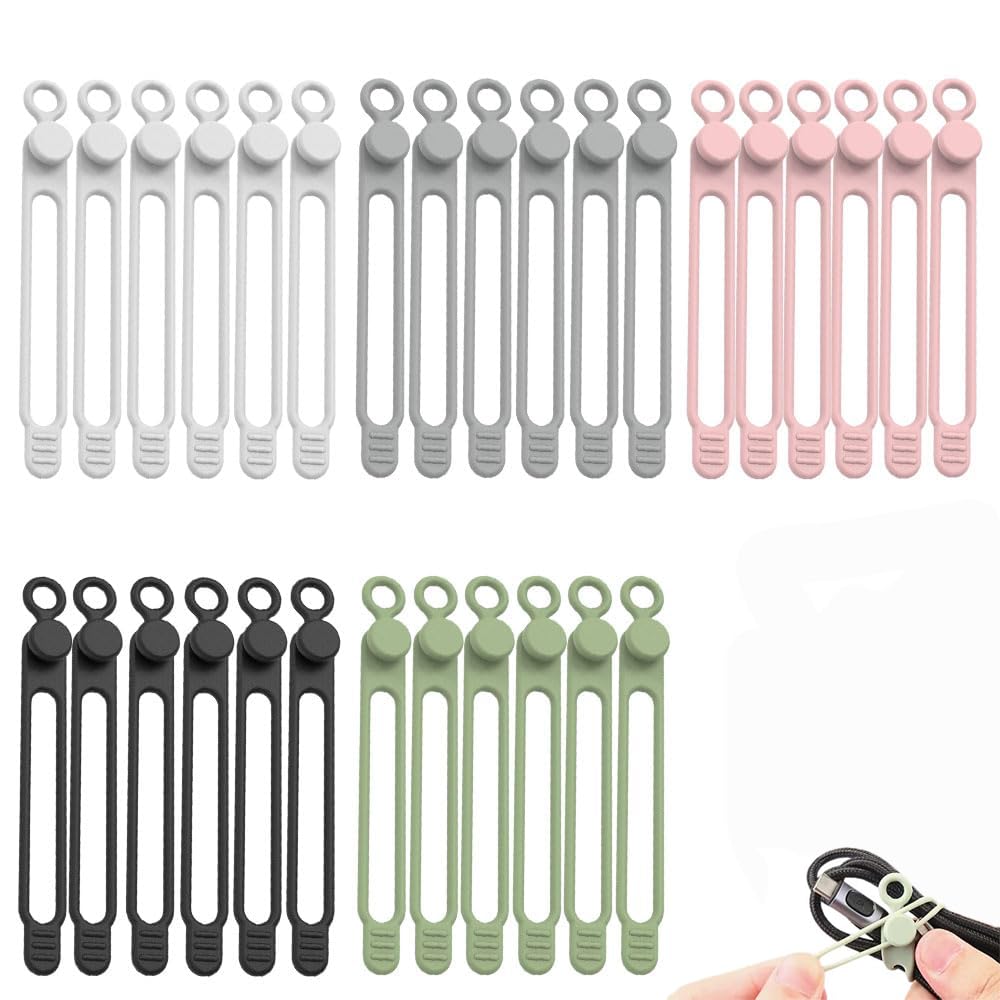Data Cable Organizer, 2026 Upgrade Silicone Cable Ties Reusable Cable Management Organizers, Multipurpose Elastic Cord Organizer for Fastening and Bundling Cable Cords Wires (30PC)