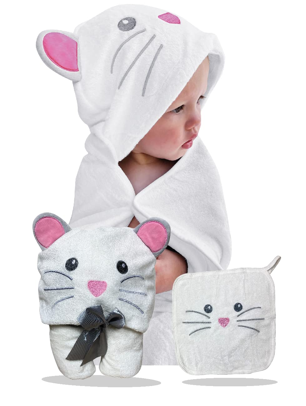 HECKBO 3D Baby Hooded Towel Mouse + washcloth - from 0 Years - with 2 snap fasteners for flexible closing - Soft & Absorbent Material - Size: 90x100cm - Children Bath Towel Bathrobe