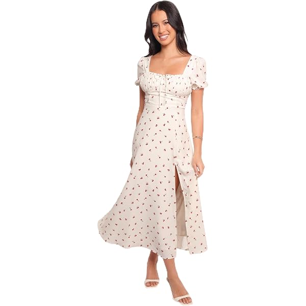 Petal & Pup Chlo Puff Sleeve Midi Dress - Cherry Print L at Amazon Women's  Clothing store
