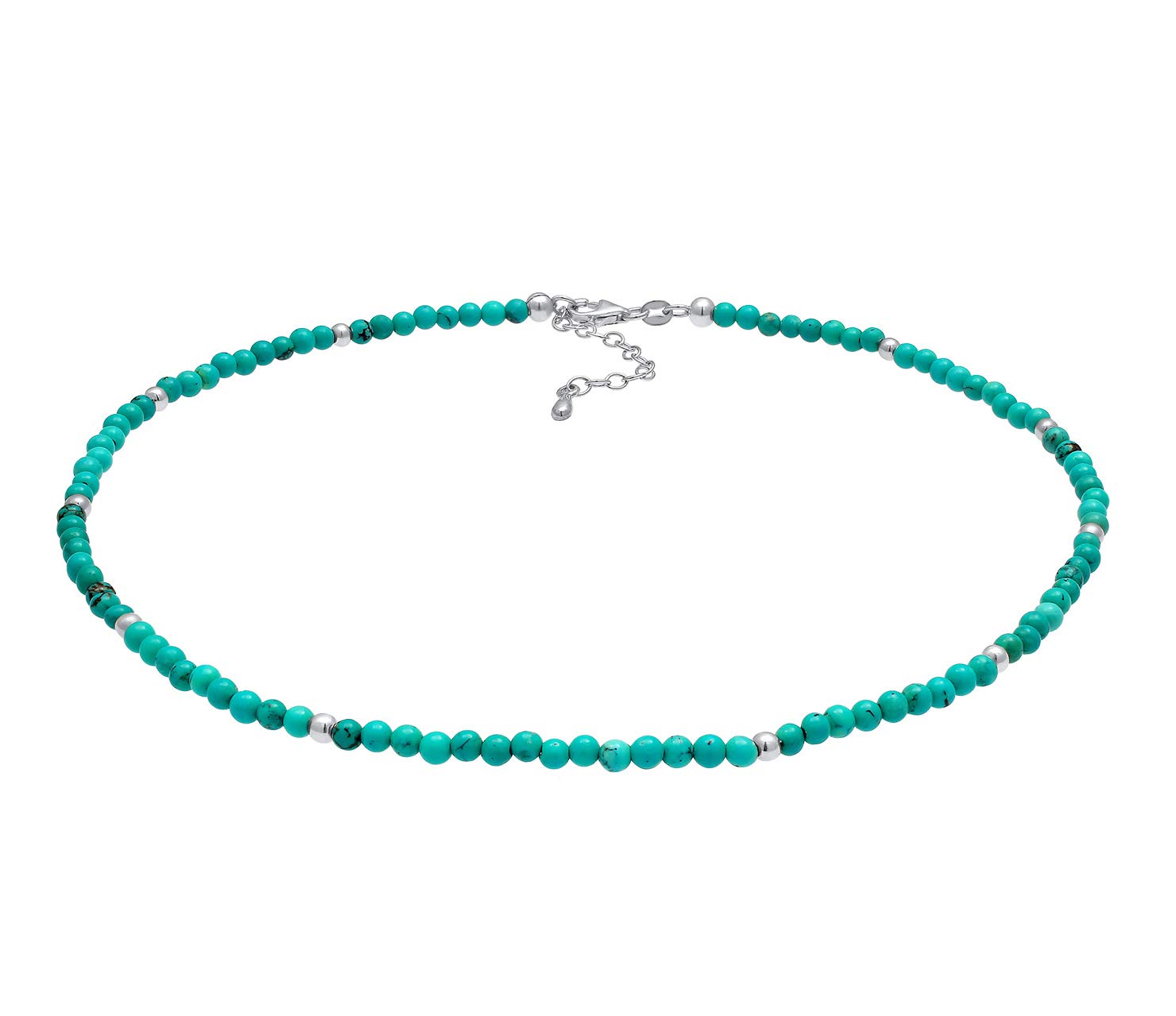 Women's Necklace Choker Made of Turquoise Pearls (3 mm) and Silver Balls, Gemstone Chain Boho Fashion Made of 925 Sterling Silver, Short Mala Buddha Necklace Made of Agate Balls, Length 36 cm
