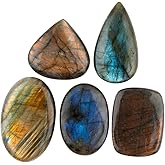 CRYSTALINES 5pcs Natural Labradorite Gemstones, Bulk Flatback Cabochon, Polished Stones, DIY Jewelry Making, Healing Crystals, Wholesale Assorted Loose Supply, Wire Wrapping, Gem Collection