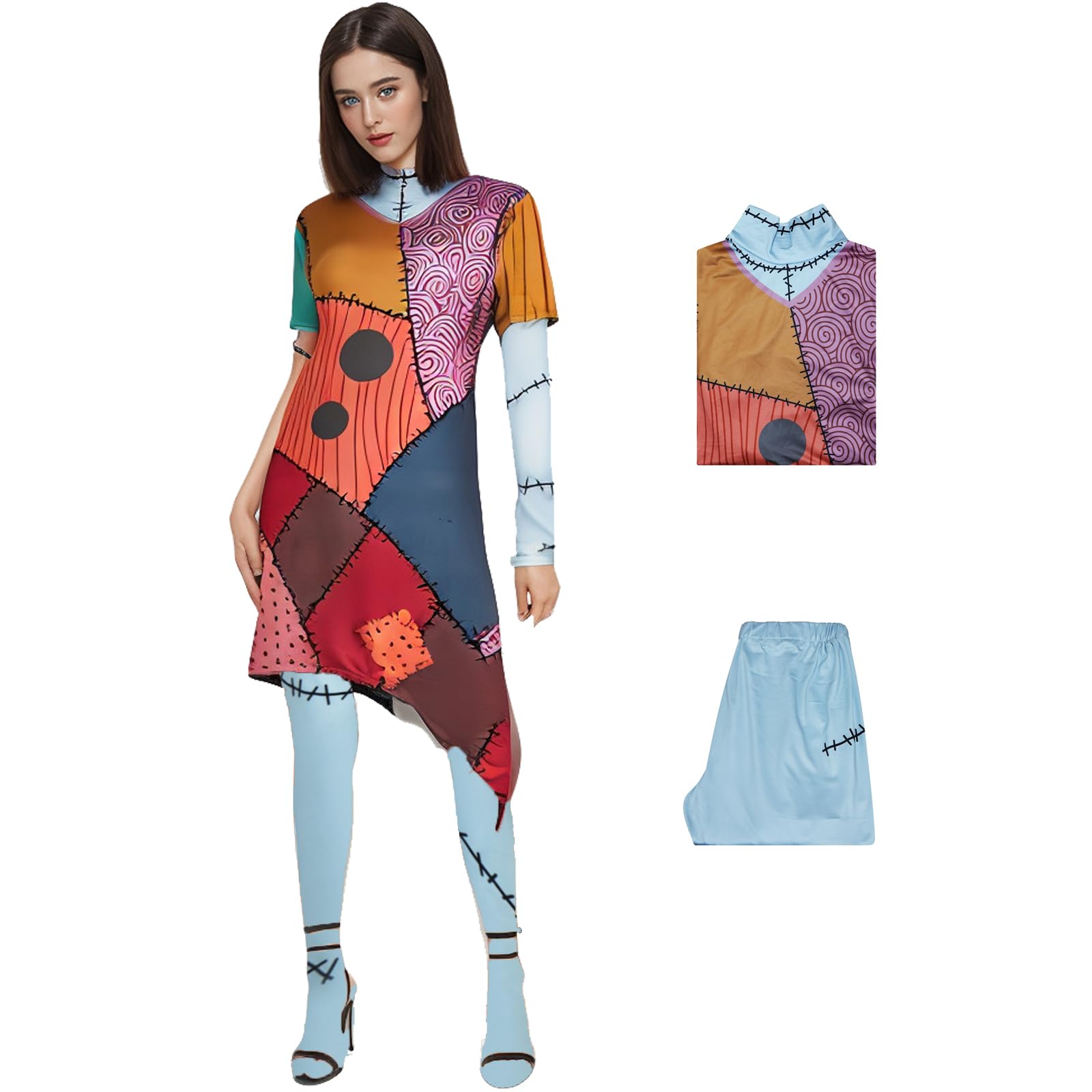Photo 1 of PAINEOMN Sally Costume Women Halloween Costume Funny Printed Slim A-Line Dresses Christmas Sally Dress for Adult Cosplay L