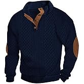 Lexiart Mens Casual Knitted Pullover Sweater Long Sleeve Stand Collar Vintage Button Sweaters with Elbow Patches