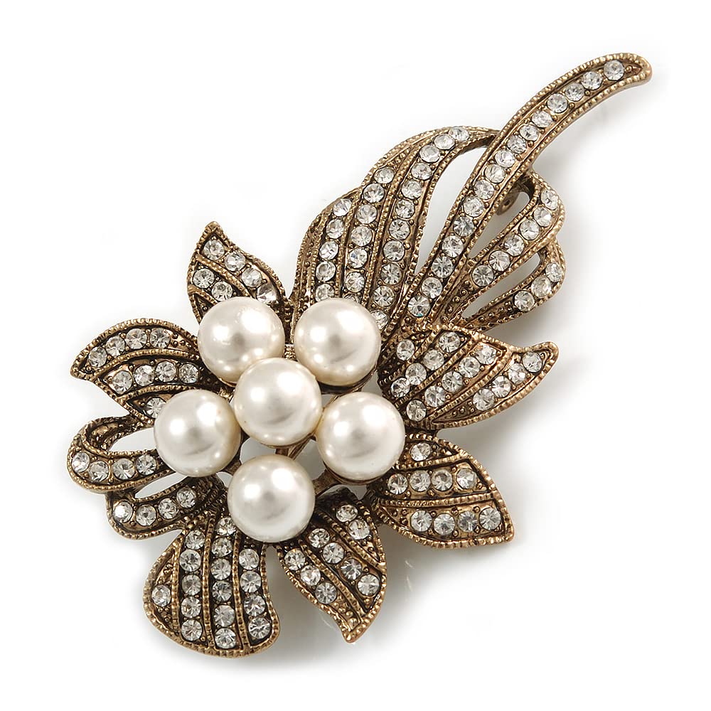 Vintage Bridal Diamante Faux Pearl Floral Brooch In Burn Gold Tone - 7cm Length
