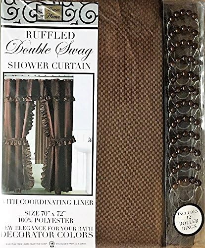 Mosaic Double Swag Fabric Shower Curtain, with Vinyl Liner and 12 Rolling Rings, 2 Tie Backs (Brown)