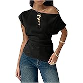 SweatyRocks Women's Off Shoulder Ruched Top Short Sleeve Asymmetrical Neck Blouse