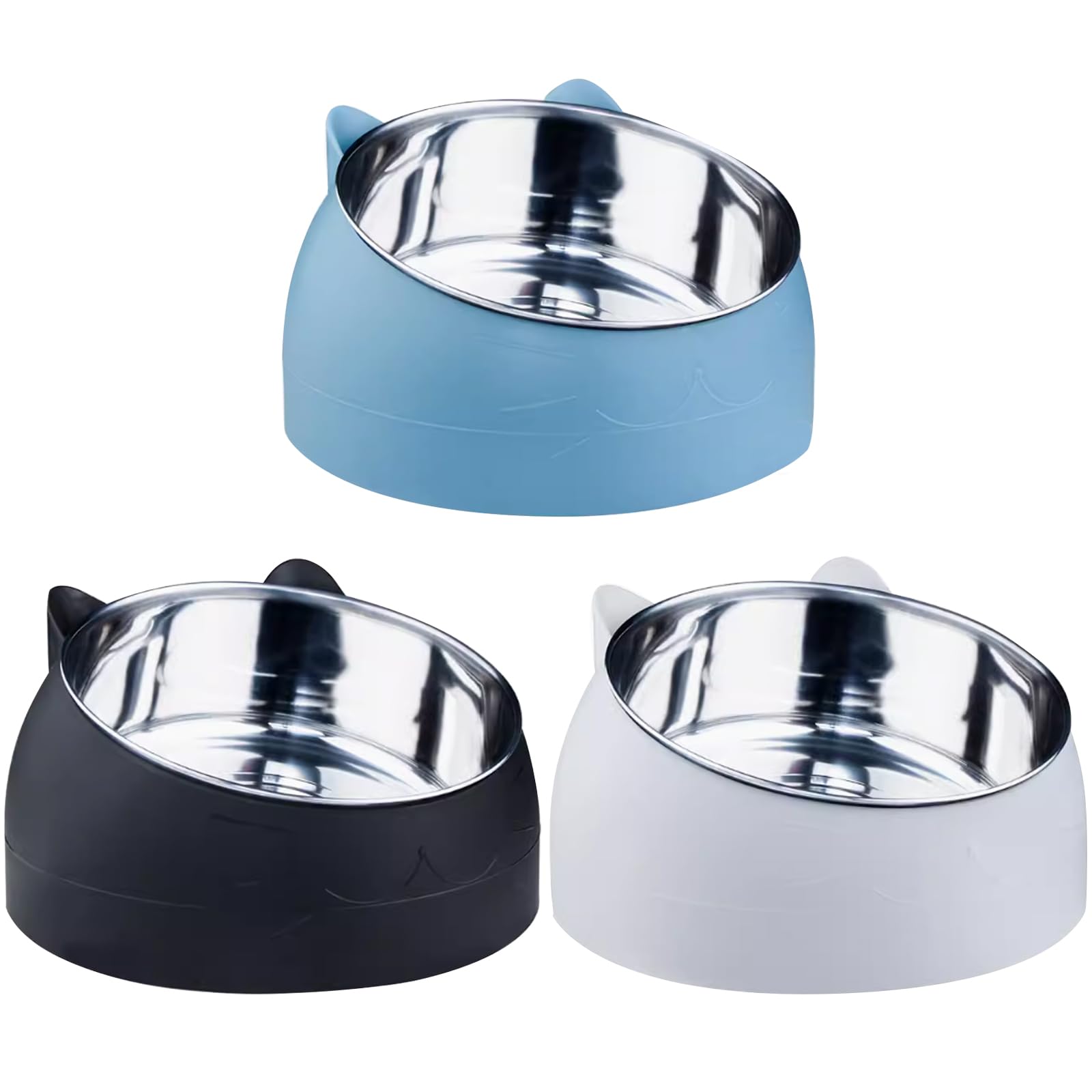 Eeyfarog Stainless Steel 3-Piece 15° Inclined Cat & Dog Feeding Bowl Set, 400ml Capacity Each, Modern Design for Cats, Kittens & Small Dogs
