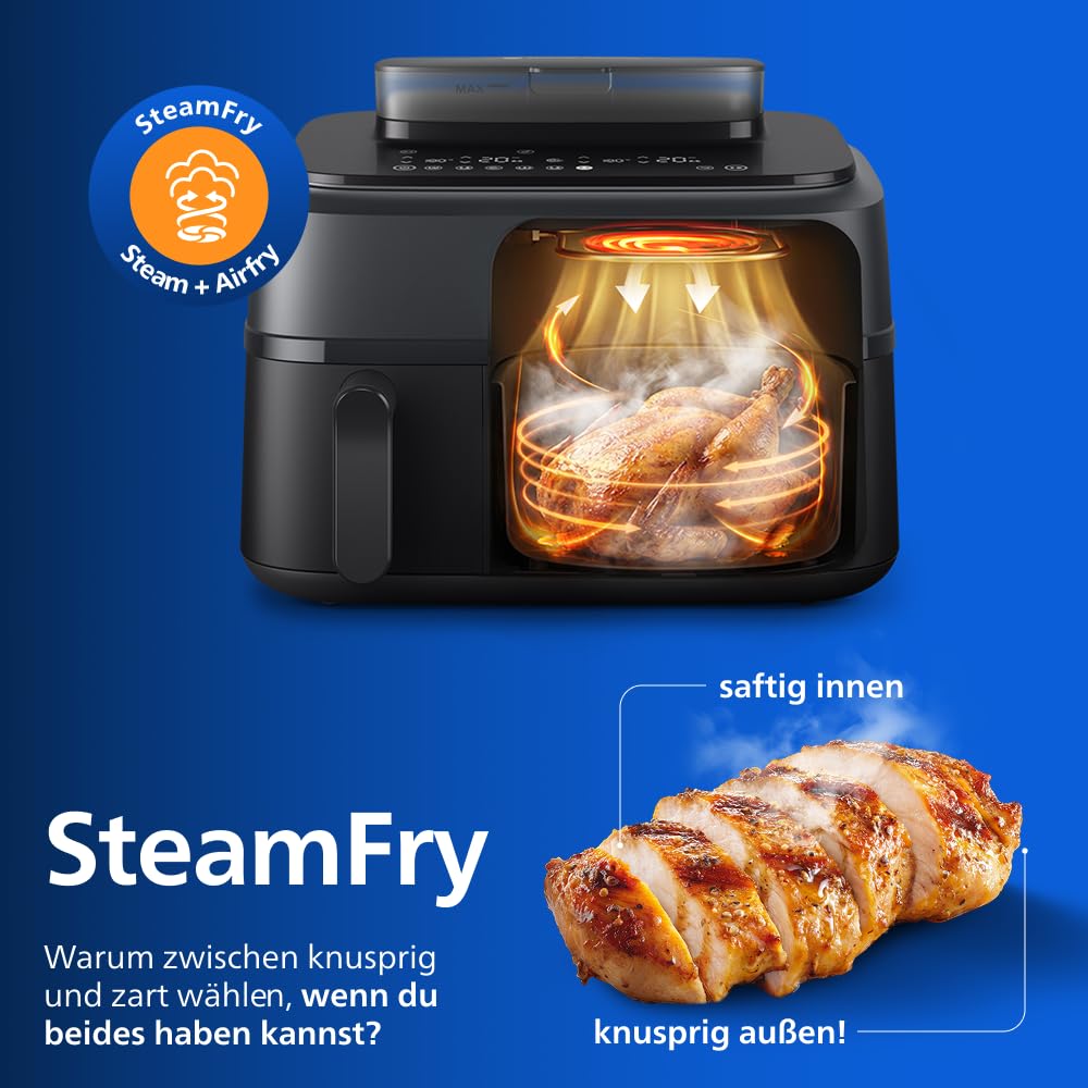Philips Steam Airfryer 5000 Series Dual Basket Heißluftfritteuse mit Dampfgar-Funktion & 2 Körben – Steam, Airfry, SteamFry, 9L (3L+6L), RapidAir Plus, automatische Dampfreinigung (NA550/00) 4