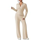 Pink Queen Sweatsuits Women 2 Piece Outfit Long Sleeve Collar V Neck Ribbed Lounge Sets