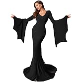 Gothic Mermaid Evening Dress Witch Halloween Morticia Addams Costume, V-Neck Bell Sleeves, Black Lace Train, Floor Length