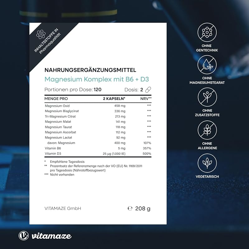 Vitamaze Magnesium Komplex 400mg, 7 Formen + Vitamin B6 und D3, Bisglycinat, Citrat, Malat, Oxid, Lactat, Ascorbat, Taurat, 4 Monate, Made in Germany