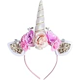 Unicorn Headband, Unicorn Horn Headband Adult Women for Birthday Party | White Glitter Horn Headband for Girls Cat Ear Head Bands Flowers Headwear Accessory for Unicorn Party Supplies