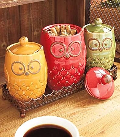 4 Piece Whimsical Ceramic Owl Canister Metal Tray Amazon In