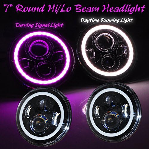 Ohmu 40W 7 Inch Round White DRL and Purple Turning Signal Light Halo Ring Angel Eye Osram Led Headlights Turning Signal Lights Day Running Light for Jeep Wrangler JK TJ CJ Harley Headlight DRL