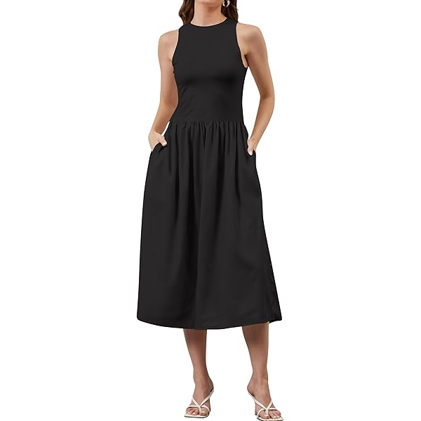 Women's Boho Patchwork Midi Dress - Sleeveless High Neck Summer Dress With Pockets