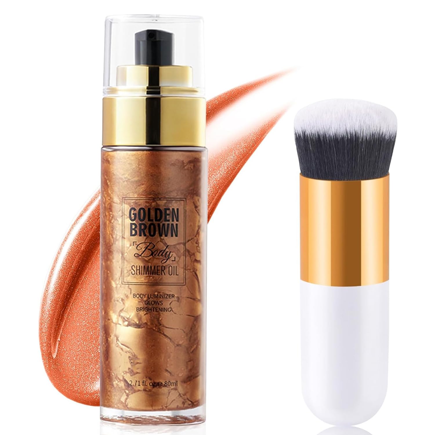 Shimmer Body Oil, Body Luminizer Liquid Highlighter Oil, Waterproof Shimmer Moisturiser, Non-Sticky Glow Lotion with Makeup Brush, Face and Body Glow Shimmer for All Skin Types (Golden Brown)