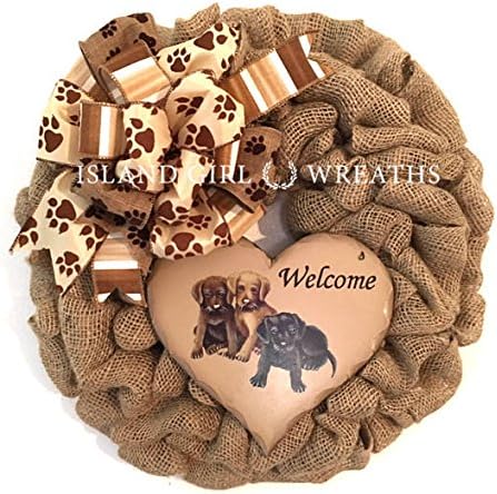 Dog Wreath, Dog Wreaths, Burlap Dog Wreath, Welcome Dog Wreath, Paw Print Ribbon, Labrador Dog, Lab Wreath