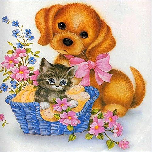 HKKY 5D DIY Diamond Painting Yellow dog and cat full Round Paste drill Round diamonds embroidery Fashion home decor (20x20cm)